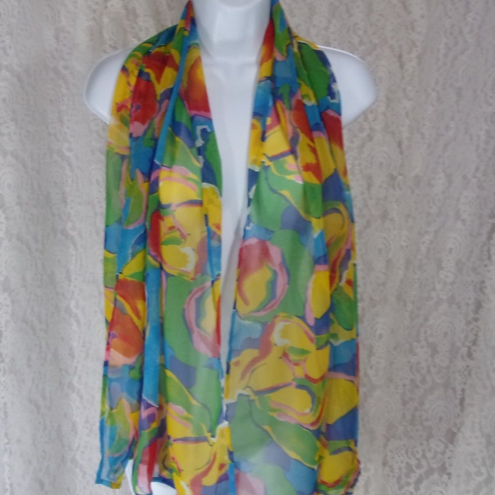 Bright Color Oblong Scarf  Blue Yellow Red Green NWOT